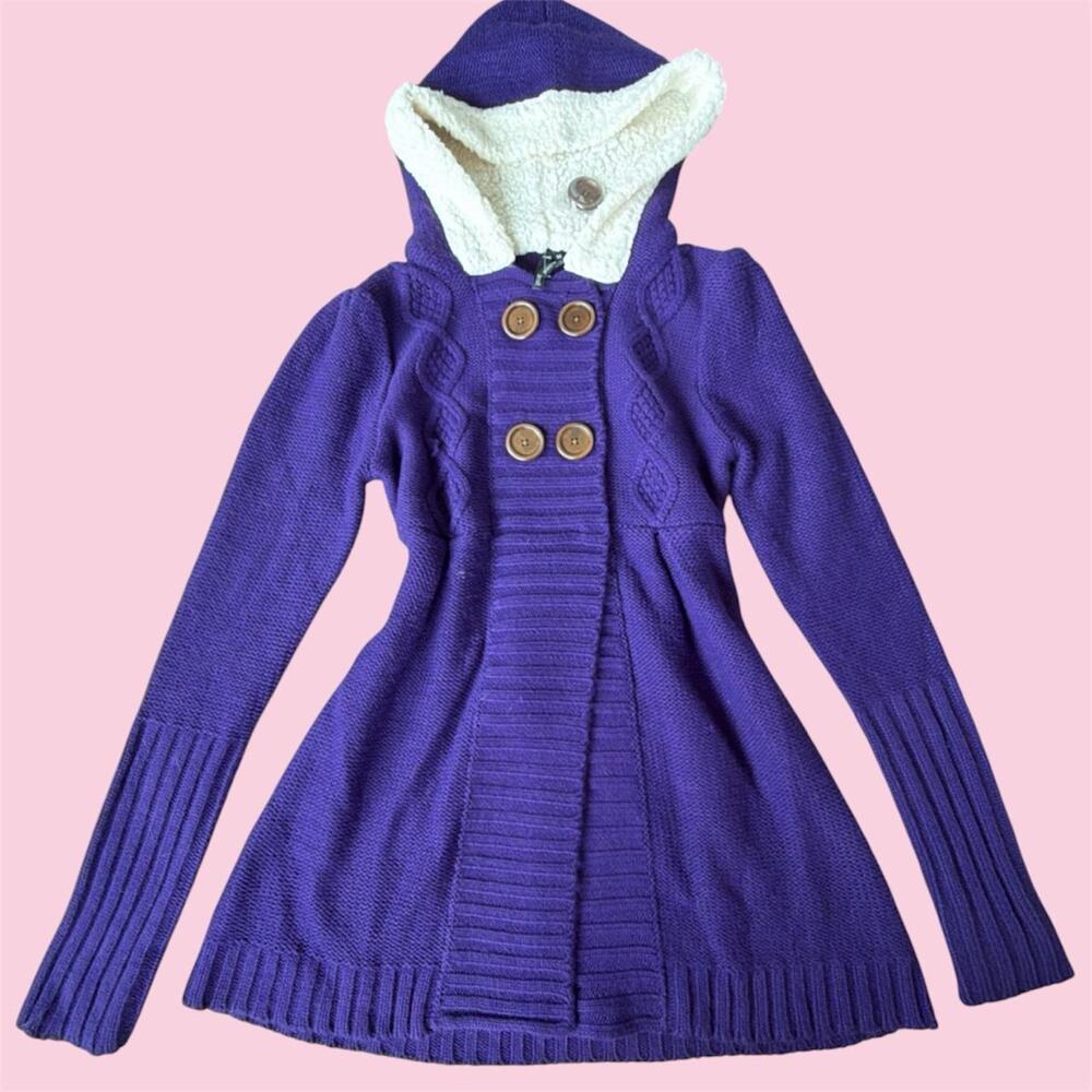 Purple babydoll knit cardigan with fuzzy hood and wooden buttons, size M